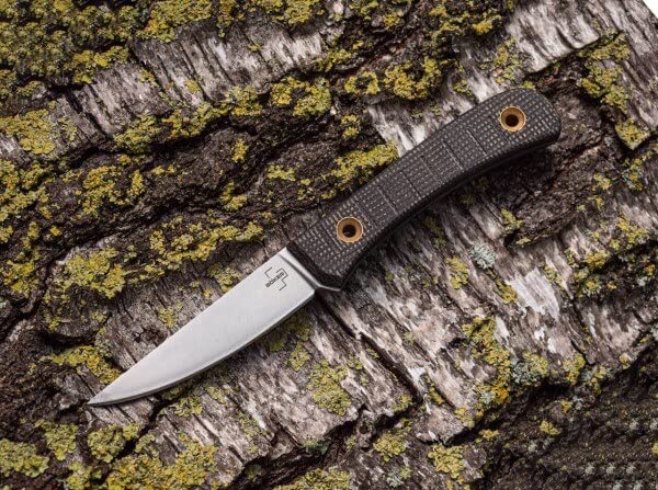 Boker Plus Bark Beetle - 3.62" 1095 Matte Coated Carbon Steel Blade with Olive Green Canvas Micarta Scales and Leather Sheath Designed by Sandor Hegyes - 02BO039