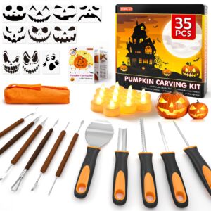 shuttle art 35 pcs halloween pumpkin carving kit, 11 pcs professional stainless steel pumpkin carving tools with 10 stencils and 12 electronic candles, safe, fun and durable for kids adults carving