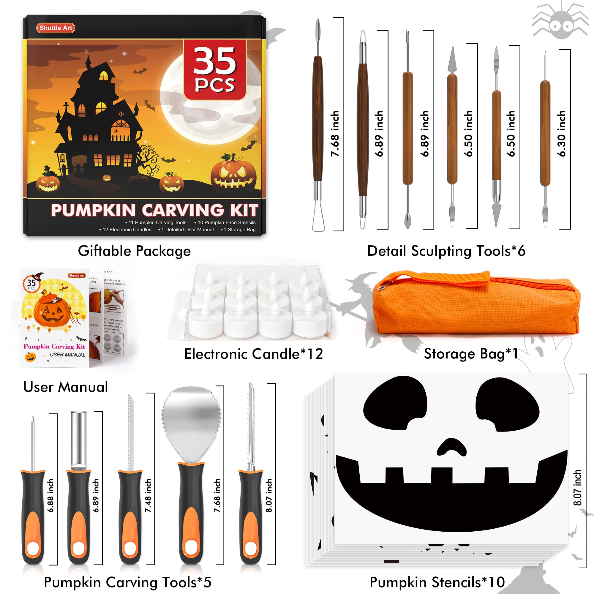 Shuttle Art 35 PCS Halloween Pumpkin Carving Kit, 11 PCS Professional Stainless Steel Pumpkin Carving Tools with 10 Stencils and 12 Electronic Candles, Safe, Fun and Durable for Kids Adults Carving