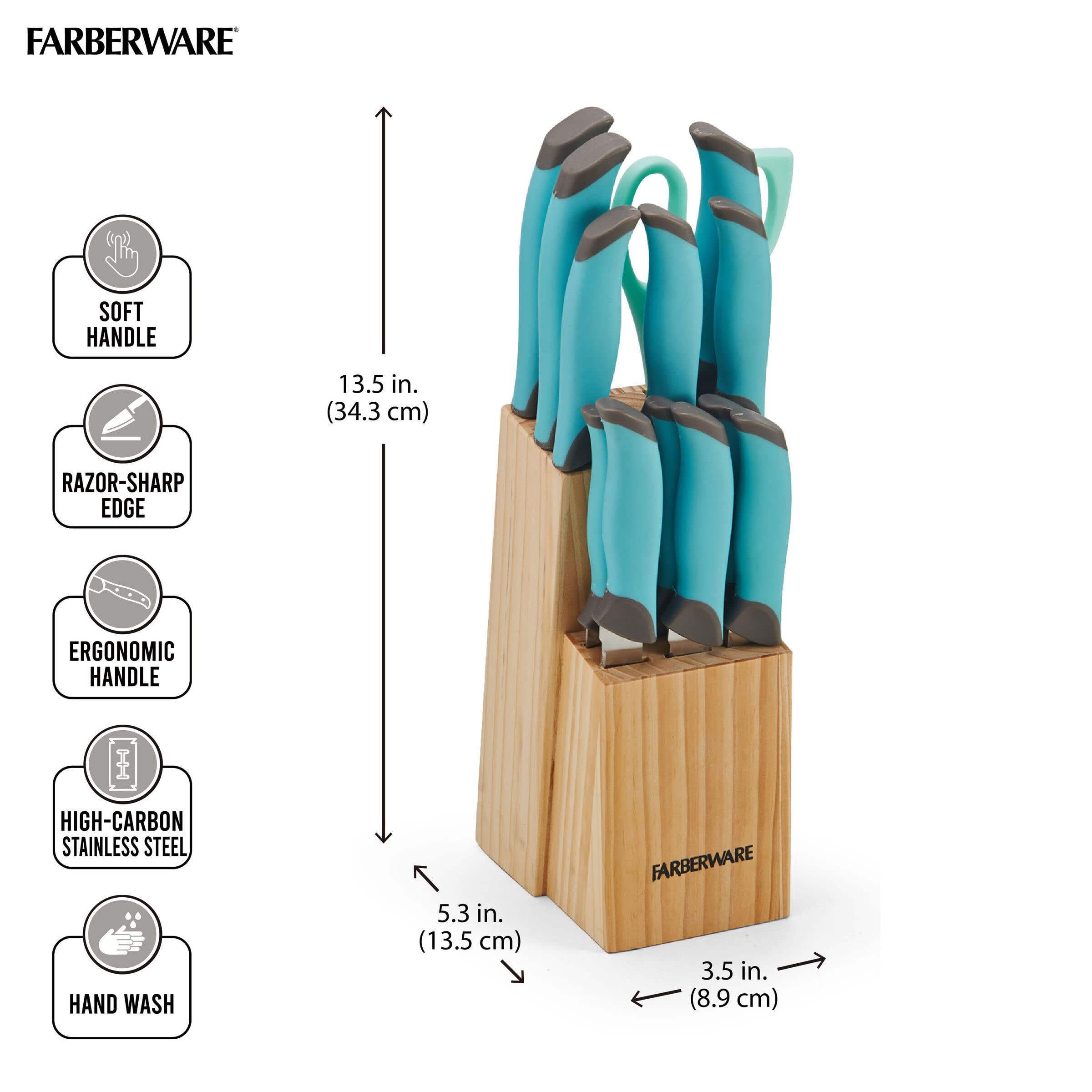 Farberware Soft Grip Cutlery Knife Block Set, 14-Piece, Aqua and Gray