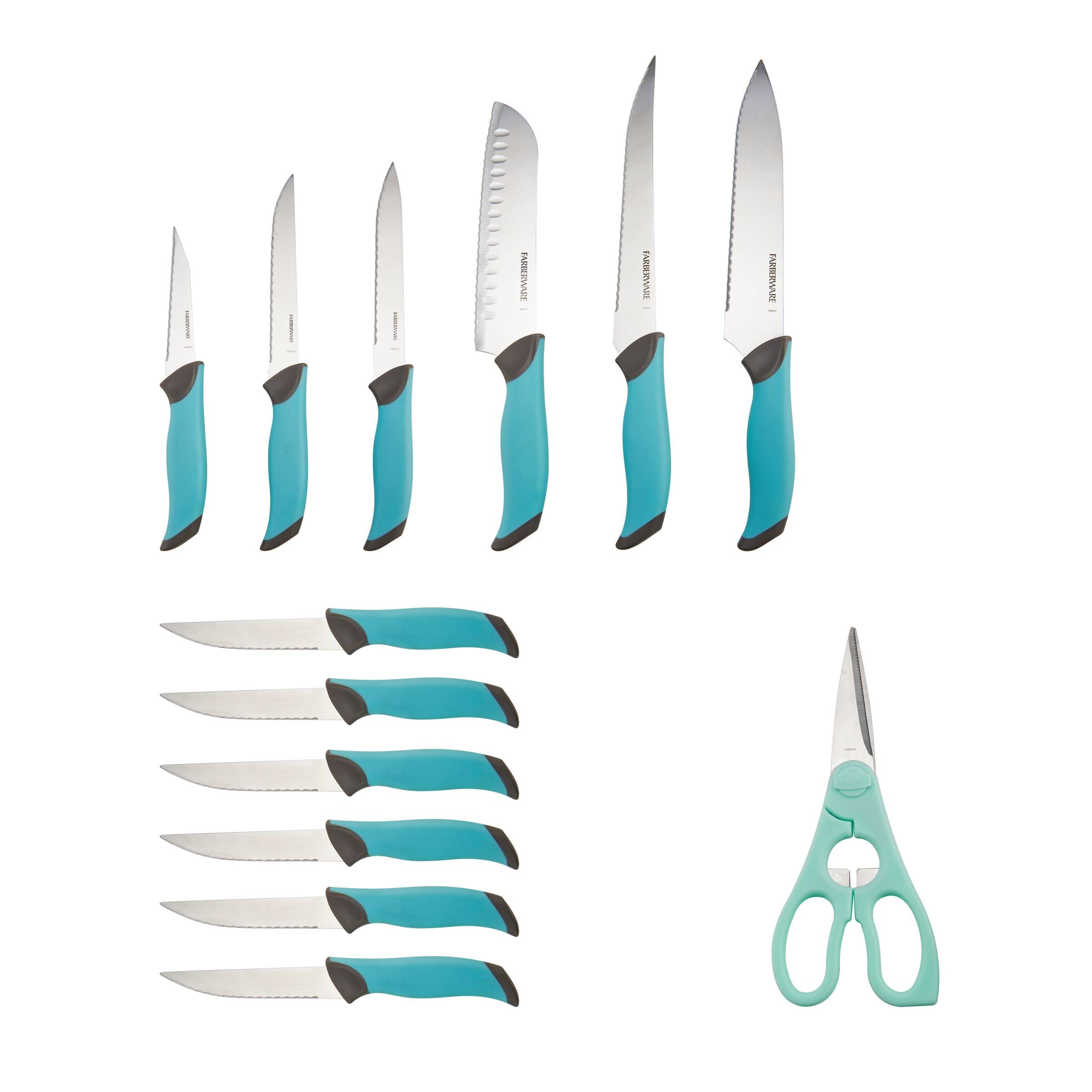 Farberware Soft Grip Cutlery Knife Block Set, 14-Piece, Aqua and Gray