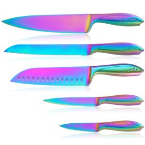hollory rainbow kitchen knife set 5 piece, super sharp german stainless steel blade with 8 in chef, 8 in bread, 7 in santoku, 5 in utility, 3.5 in paring - gift box