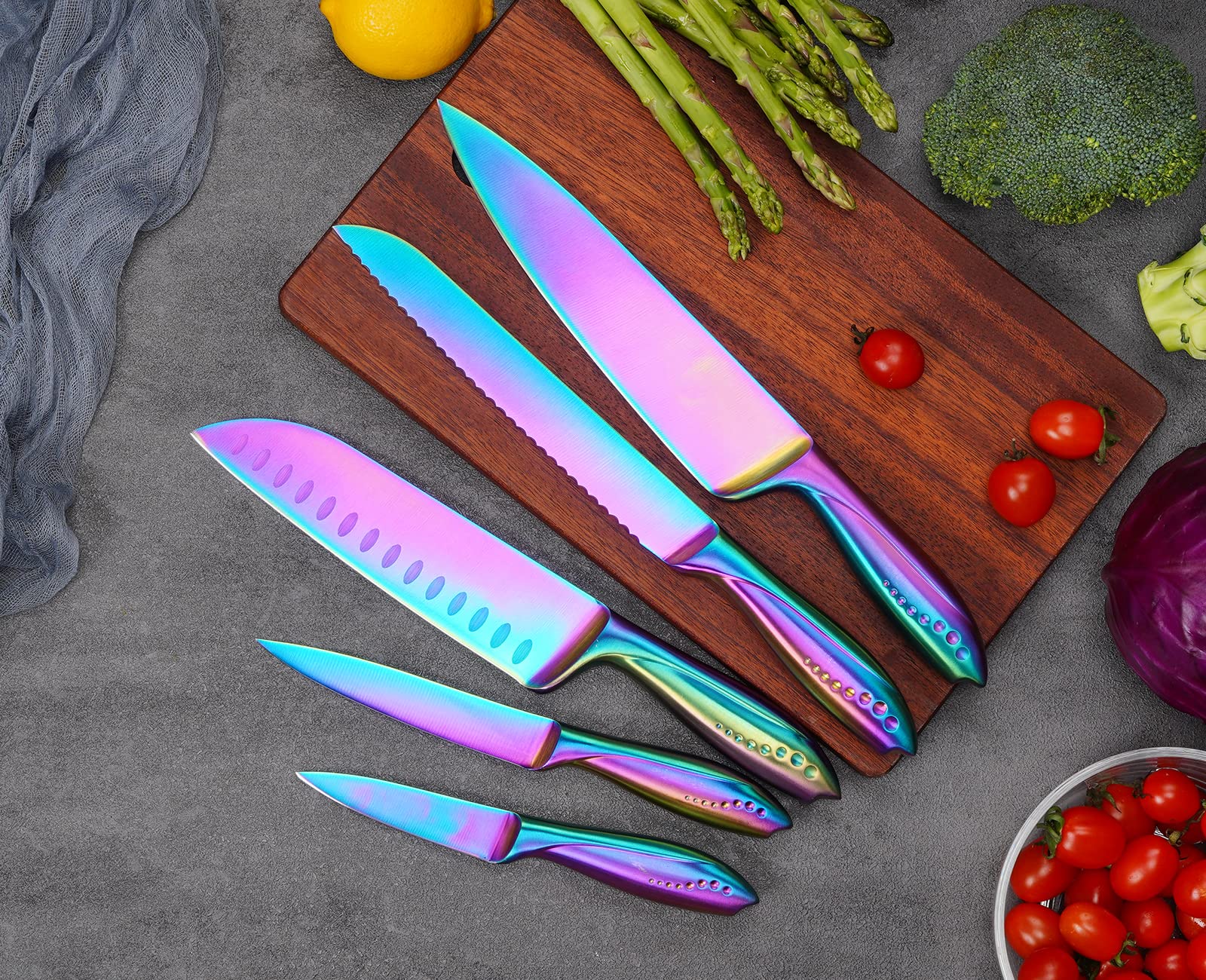 Hollory Rainbow Kitchen Knife Set 5 Piece, Super Sharp German Stainless Steel Blade with 8 in Chef, 8 in Bread, 7 in Santoku, 5 in Utility, 3.5 in Paring - Gift Box