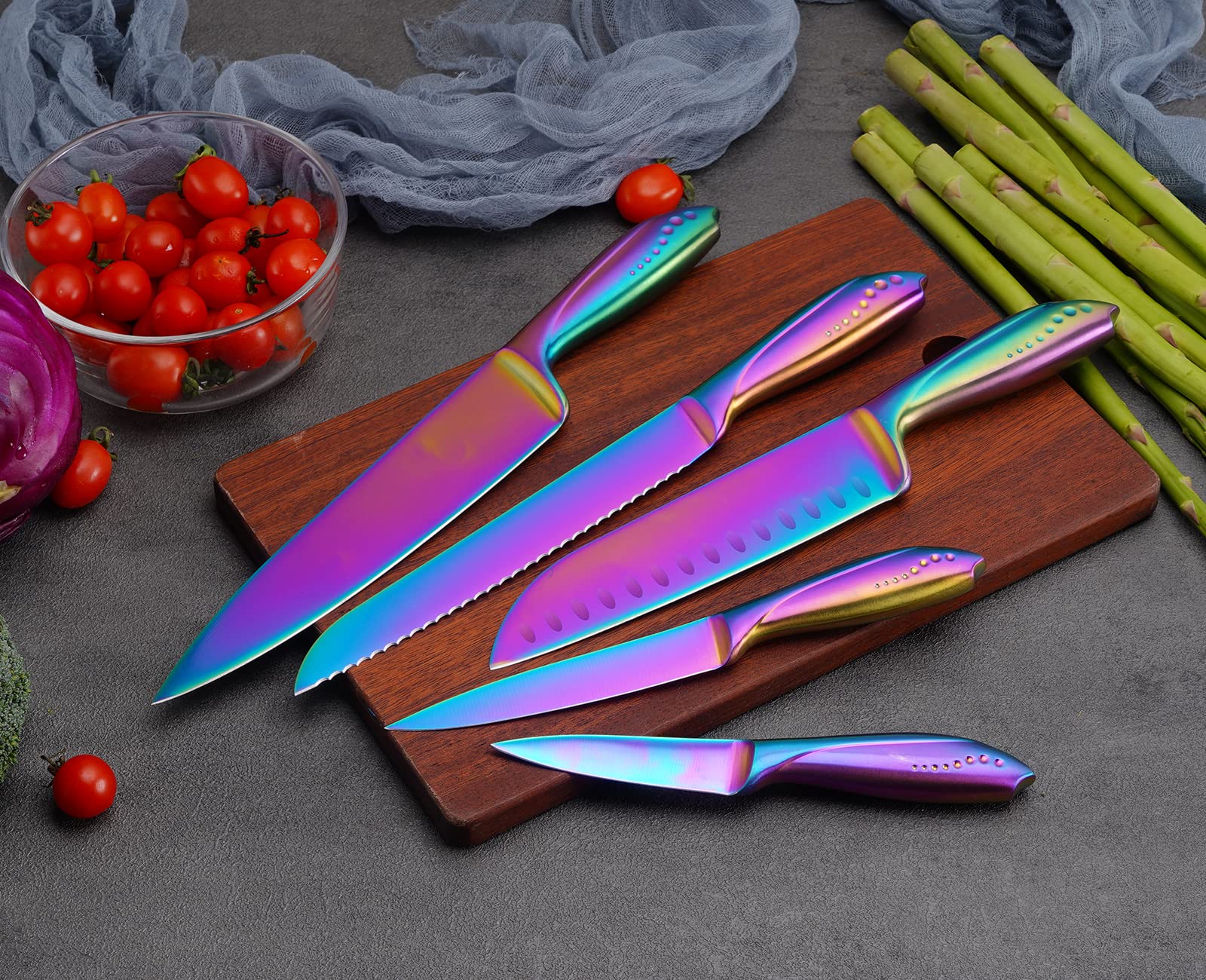 Hollory Rainbow Kitchen Knife Set 5 Piece, Super Sharp German Stainless Steel Blade with 8 in Chef, 8 in Bread, 7 in Santoku, 5 in Utility, 3.5 in Paring - Gift Box