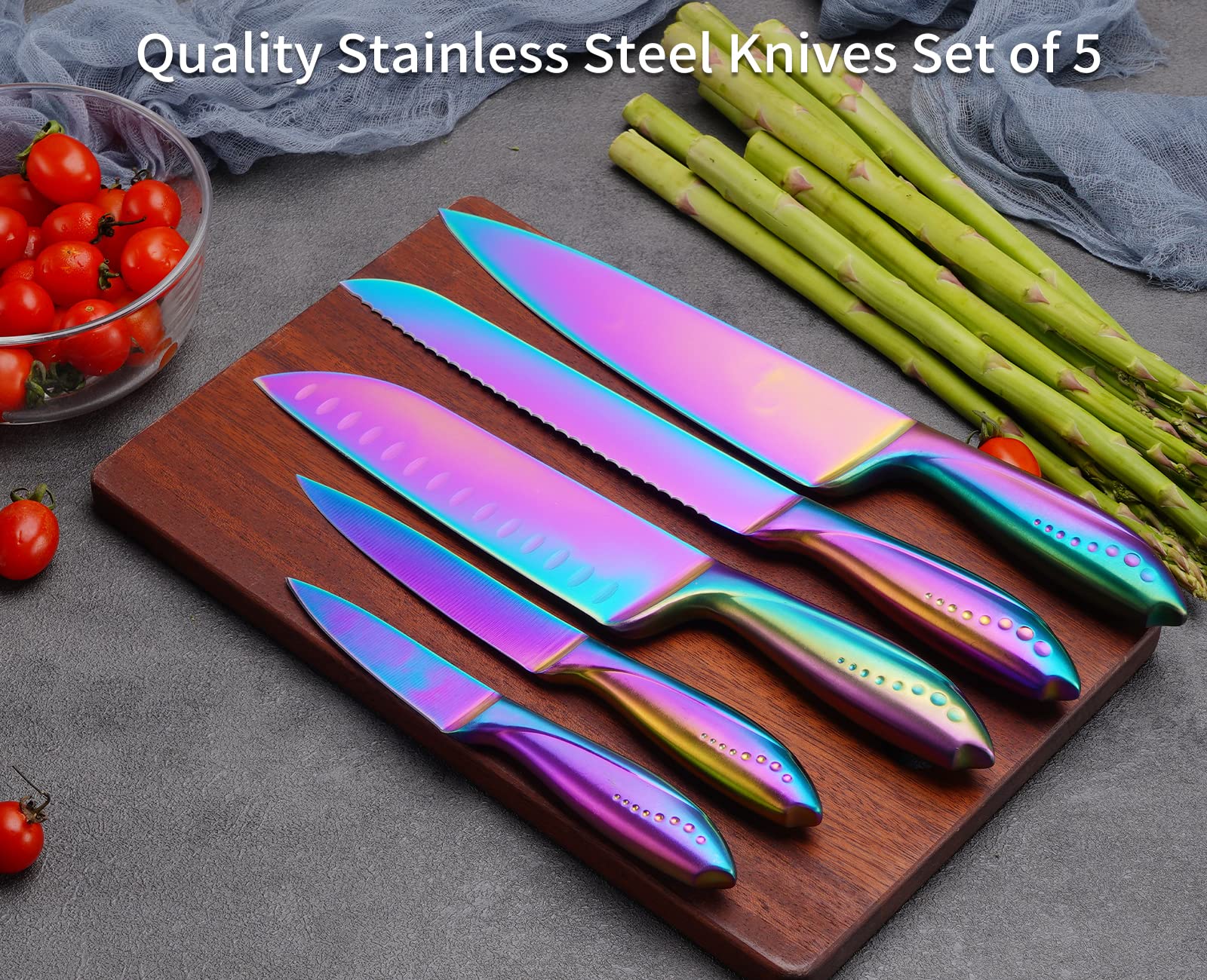 Hollory Rainbow Kitchen Knife Set 5 Piece, Super Sharp German Stainless Steel Blade with 8 in Chef, 8 in Bread, 7 in Santoku, 5 in Utility, 3.5 in Paring - Gift Box