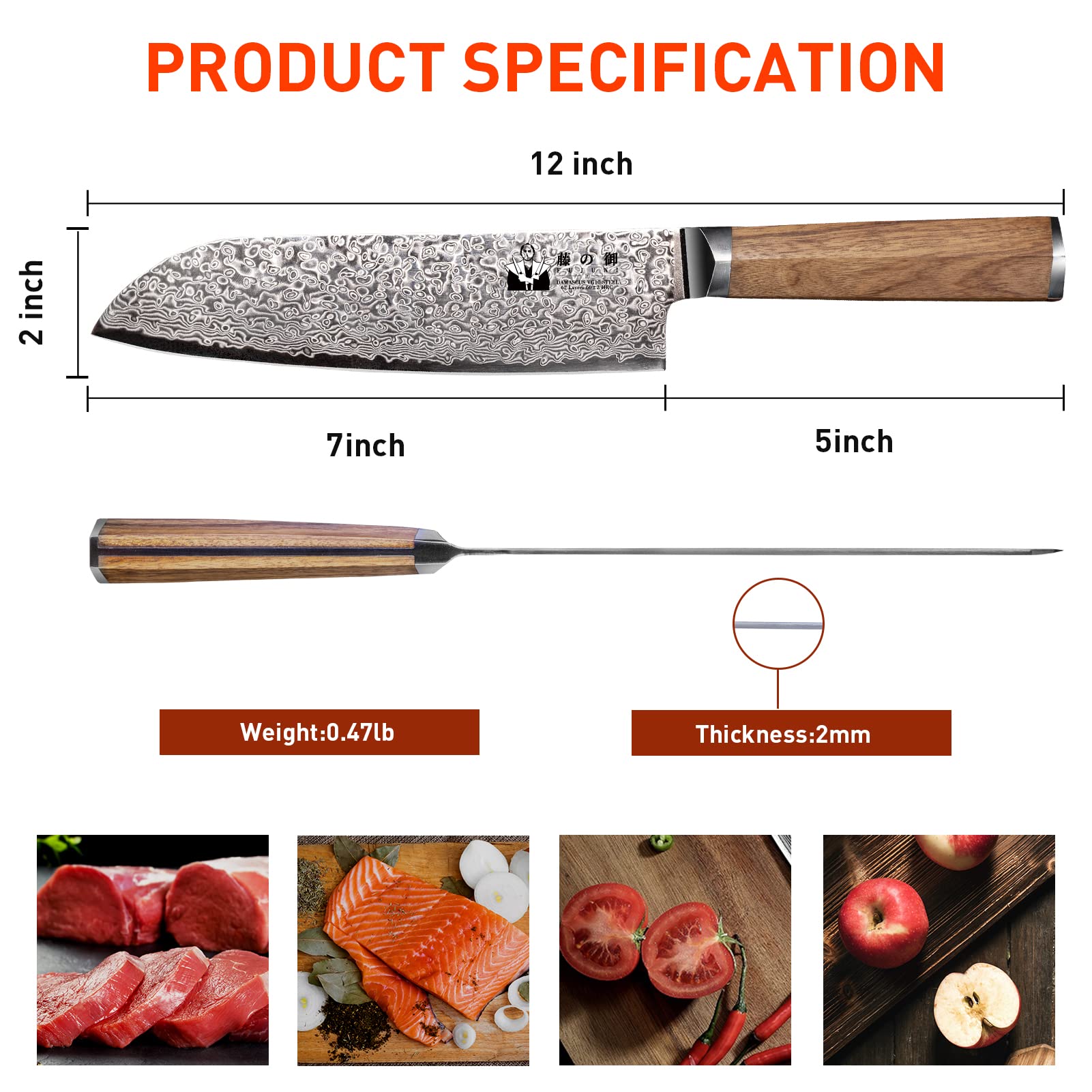 Santoku Knife Damascus 7-inch, Kitchen Utility Knife 5 inch Damascus Knife 67-Layer Damascus VG10 Steel Ultra Sharp Professional Kitchen Knife with Hexagon Natural Wood Handle, Gift Box