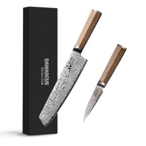 8 inch damascus kiritsuke chef knife, peeling knife 3.5-inch 67-layer damascus with vg10 cutting core,full tang ergonomic natural wood handle for peeling