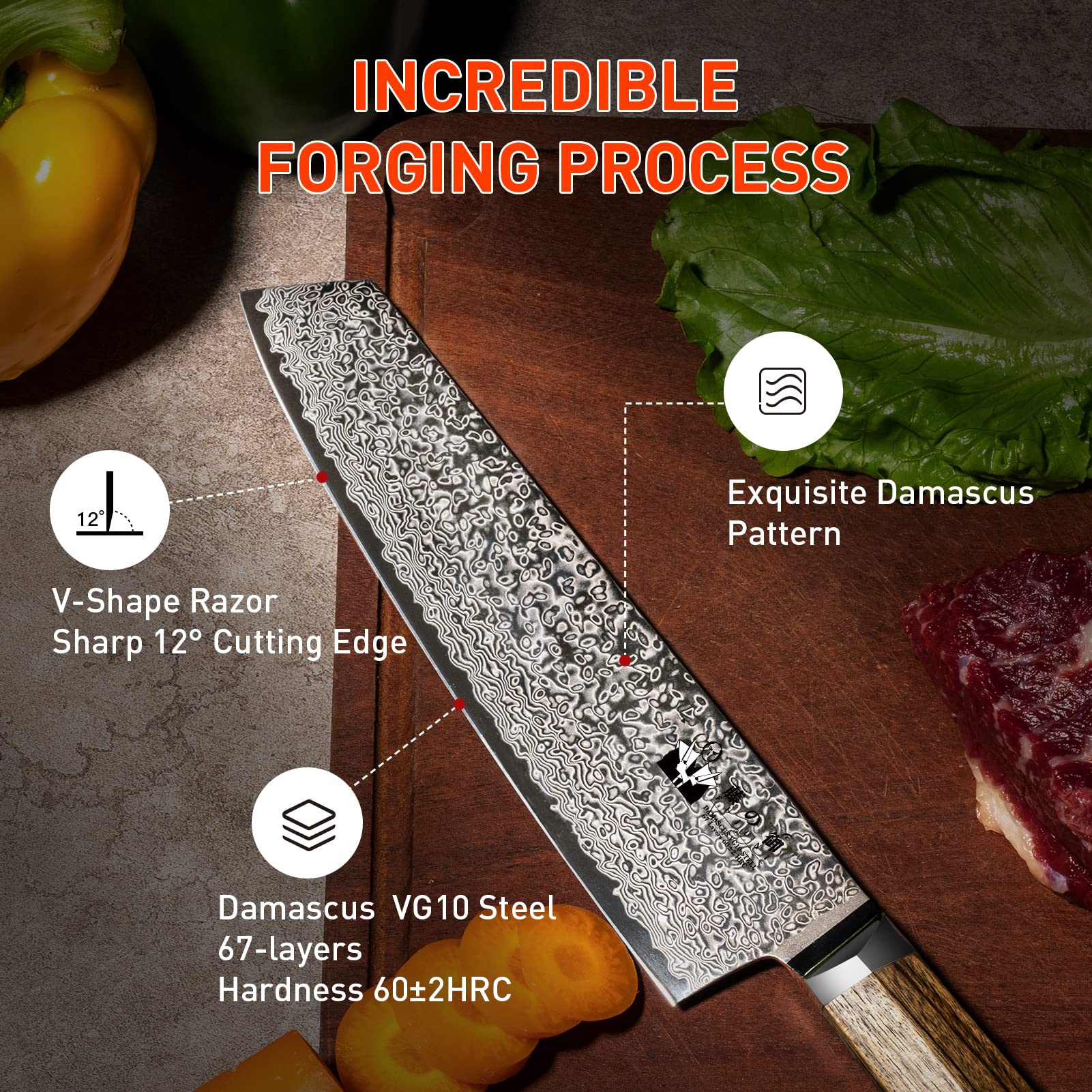 8 inch Damascus Kiritsuke Chef Knife, Peeling Knife 3.5-inch 67-Layer Damascus with VG10 Cutting Core,Full Tang Ergonomic Natural Wood Handle for Peeling