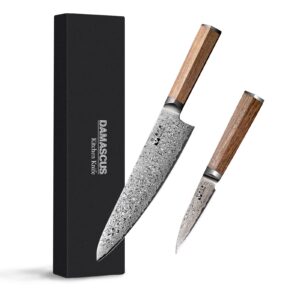 damascus steel chef knife 8 inch, paring knife 3.5 inch 67-layer damascus with vg10 cutting core kitchen knives with full tang ergonomic natural wood handle