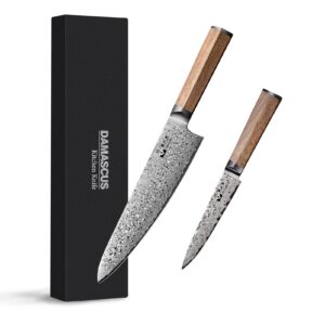 damascus chef knife 8 inch, kitchen utility knife 5 inch damascus vg10 steel ultra sharp with hexagon natural wood handle