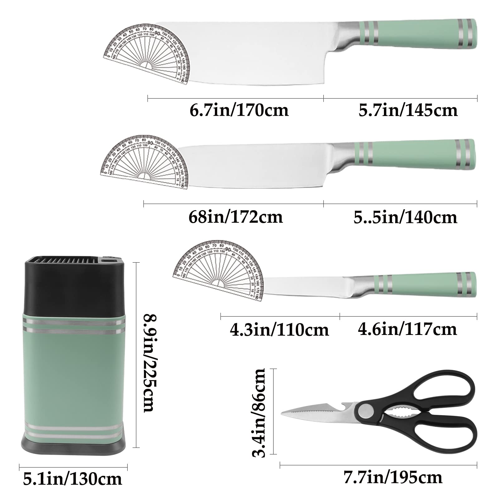 Kitchen Knife Set, Retrosohoo 5-Pieces Stainless Steel Full Tang Hollow Handle Knife Set for Kitchen, Green Sharp Knife Block Sets with Gift Box Good for Love Family Friends (Green)