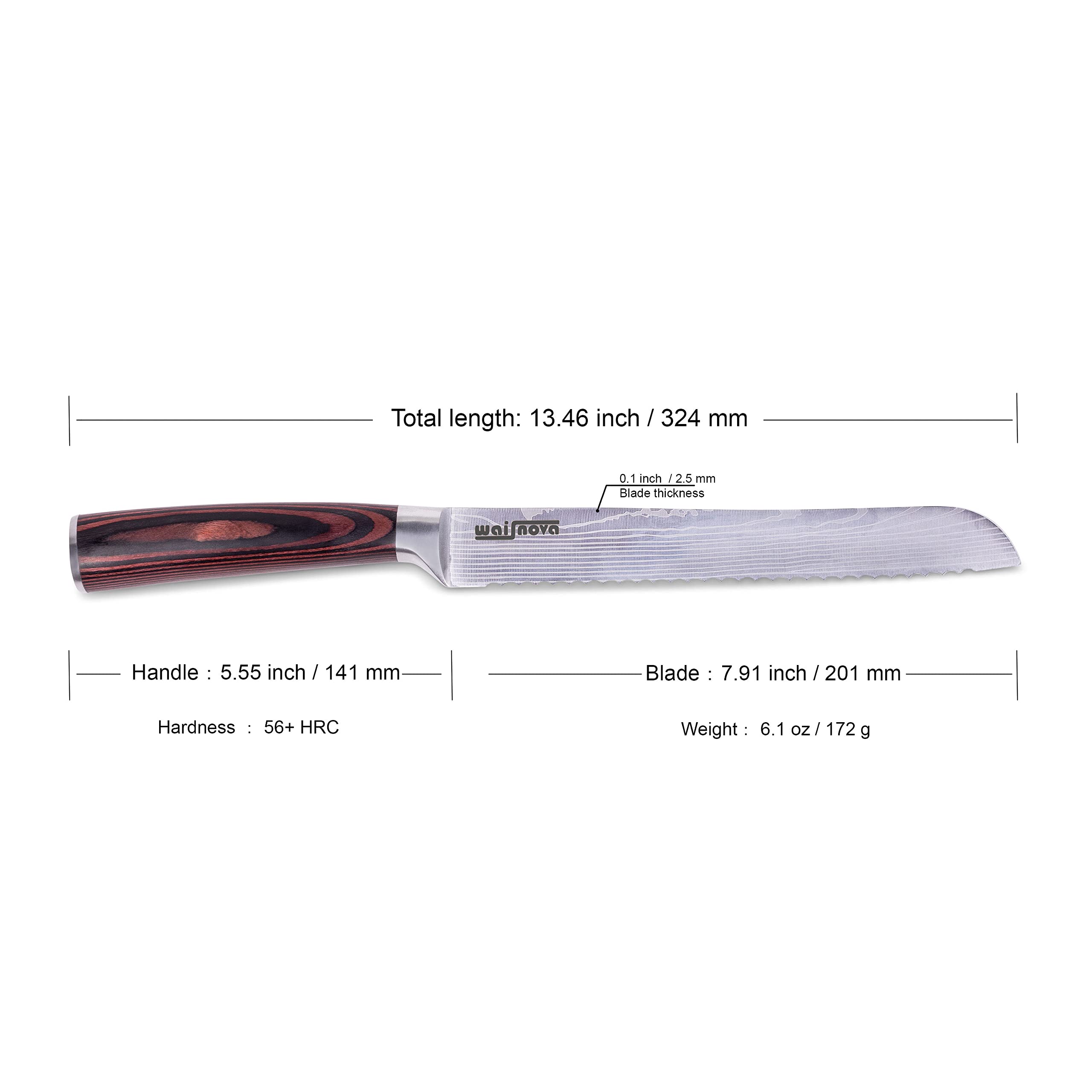 waisnova 8 Inch Serrated Bread Knife - Ultra Sharp Bread Cutting Knife, High Carbon Stainless Steel, Ergonomic Handle, Easy to Use, Durable - Includes Protective Sheath and Gift Box