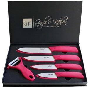 serrated pink ceramic knife set with 5" serrated knife, kitchen knife set - includes 3”, 4”, 5”, 6” ceramic knives, matching sheaths and a matching vegetable peeler in a black gift box