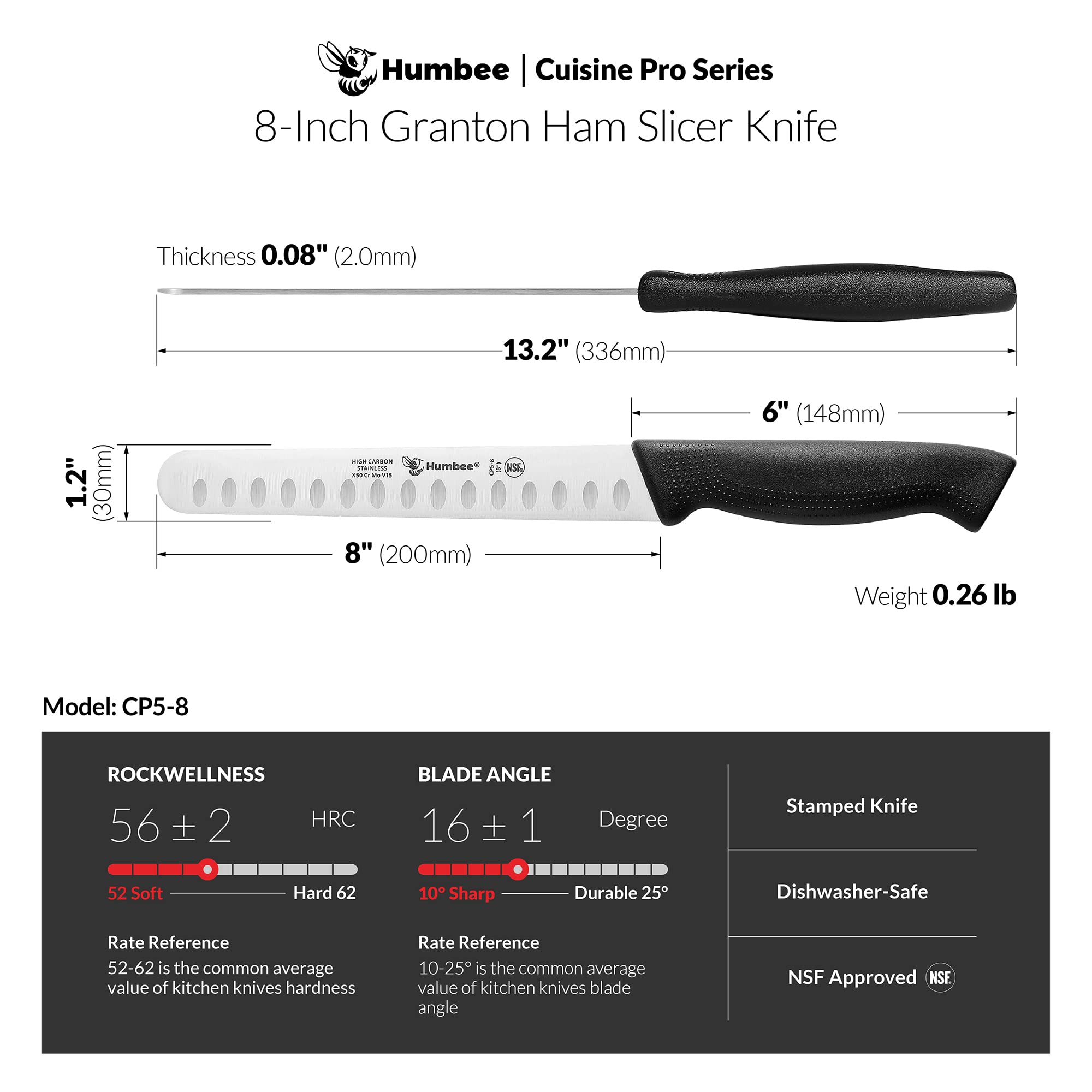 Humbee Chef 8-Inch Carving Knife with Granton Edge for Turkey Ham Meat Slicing and cutting NSF Certified CP5-8 Black