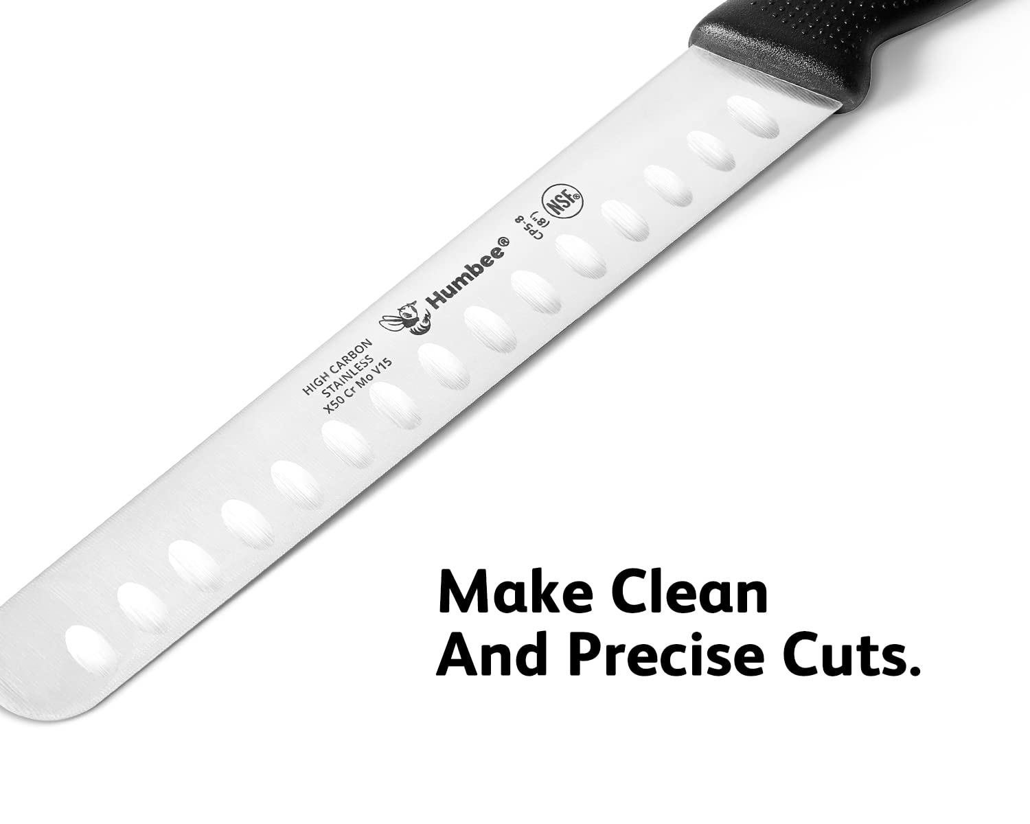 Humbee Chef 8-Inch Carving Knife with Granton Edge for Turkey Ham Meat Slicing and cutting NSF Certified CP5-8 Black