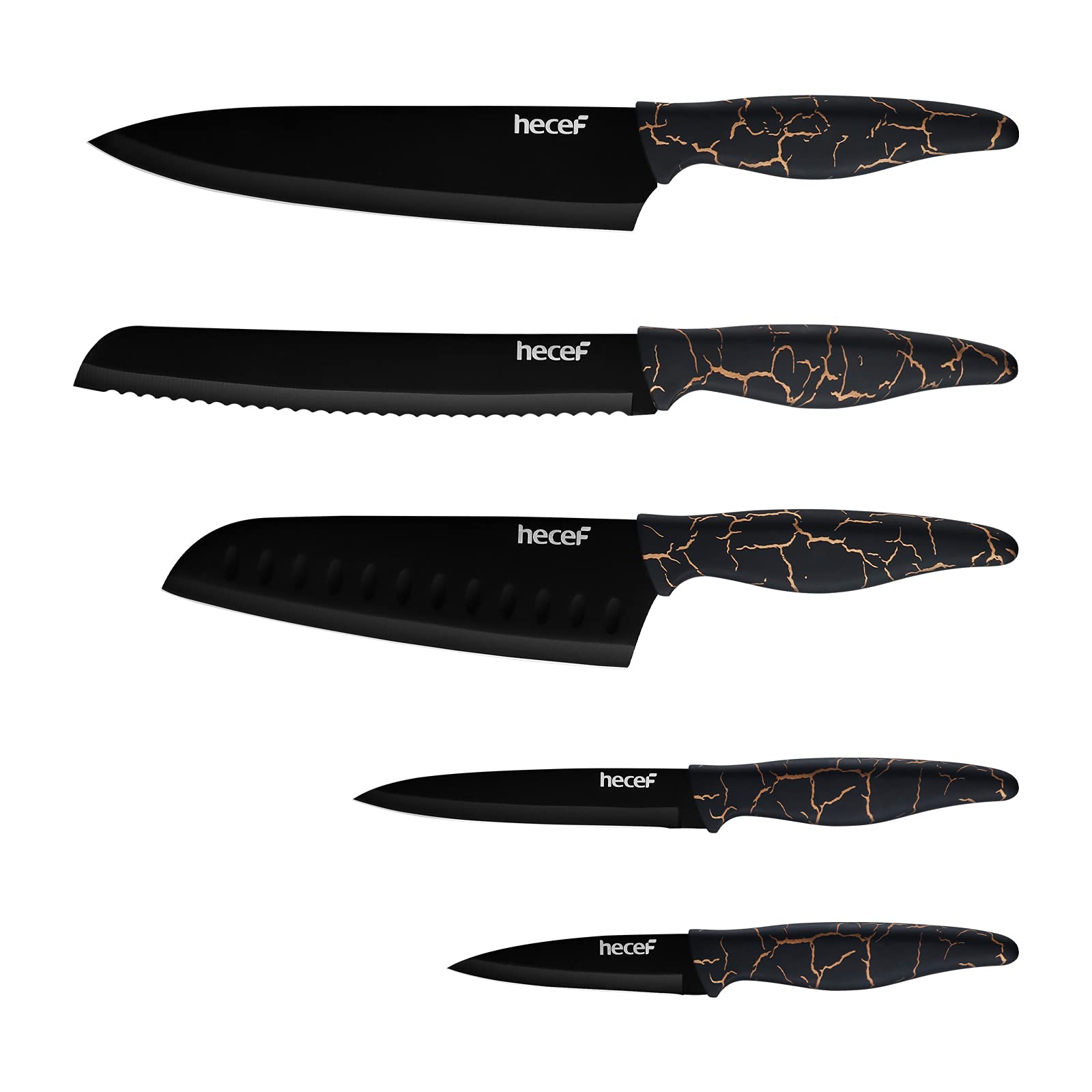 hecef 5 PCS Non-stick Coated Kitchen Knife Set with PP Handle and Protective Sheath, Exclusive Black Chef knife set, Scratch Resistance & Rust Proof (Lightning pattern)