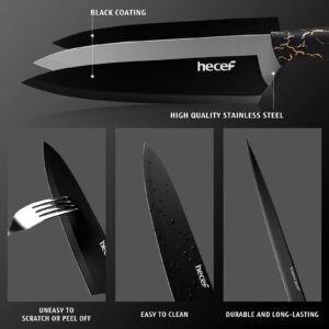 hecef 5 PCS Non-stick Coated Kitchen Knife Set with PP Handle and Protective Sheath, Exclusive Black Chef knife set, Scratch Resistance & Rust Proof (Lightning pattern)