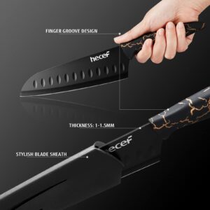 hecef 5 PCS Non-stick Coated Kitchen Knife Set with PP Handle and Protective Sheath, Exclusive Black Chef knife set, Scratch Resistance & Rust Proof (Lightning pattern)