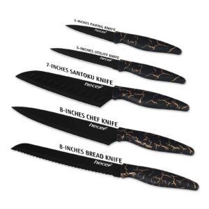 hecef 5 PCS Non-stick Coated Kitchen Knife Set with PP Handle and Protective Sheath, Exclusive Black Chef knife set, Scratch Resistance & Rust Proof (Lightning pattern)