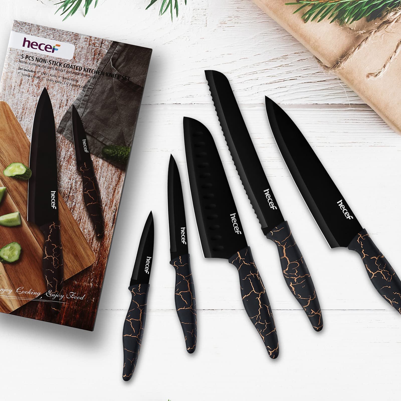 hecef 5 PCS Non-stick Coated Kitchen Knife Set with PP Handle and Protective Sheath, Exclusive Black Chef knife set, Scratch Resistance & Rust Proof (Lightning pattern)