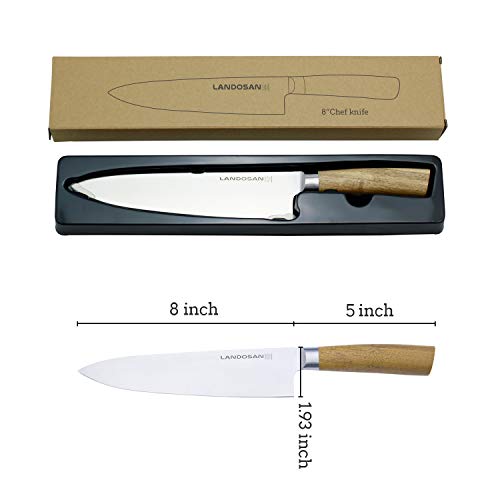 LANDOSAN Chef Knife 8 inch Precision Forged Kitchen Vegetable Chef's Knife High-Carbon Stainless Steel Blade Cook’s Knives Ergonomic Wood Handle Cutlery for Home Kitchen and Restaurant