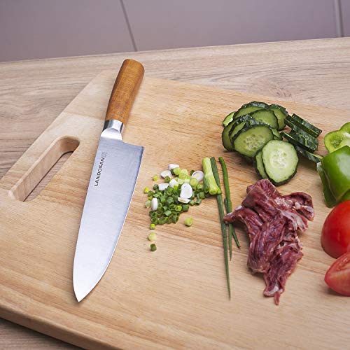 LANDOSAN Chef Knife 8 inch Precision Forged Kitchen Vegetable Chef's Knife High-Carbon Stainless Steel Blade Cook’s Knives Ergonomic Wood Handle Cutlery for Home Kitchen and Restaurant