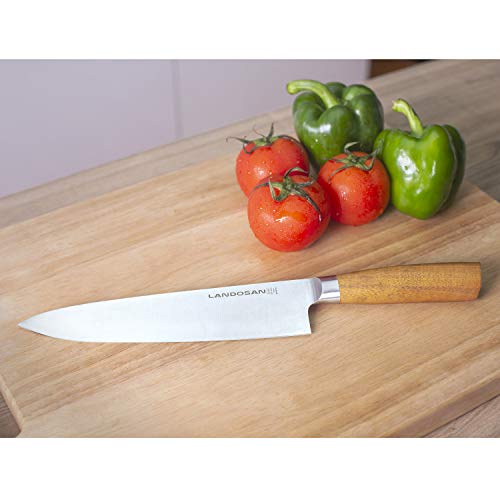 LANDOSAN Chef Knife 8 inch Precision Forged Kitchen Vegetable Chef's Knife High-Carbon Stainless Steel Blade Cook’s Knives Ergonomic Wood Handle Cutlery for Home Kitchen and Restaurant