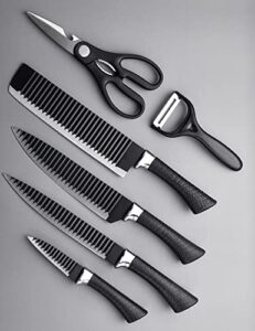 gajing 6pcs non-stick black kitchen wavy pattern lightweight knife set with ergonomic handle includes chef knife,carving knife,slicer,paring knife,peeler and a pair of scissors