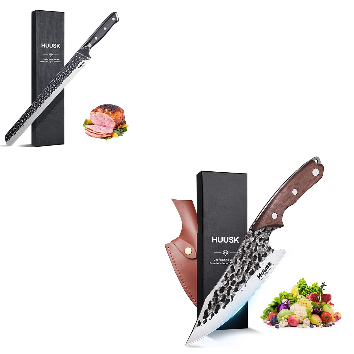 Huusk Viking Knife with Sheath Bundle with Brisket Knife Carving Knife for Slicing Meats Ribs Roasts Fruits BBQ Christmas Gifts Idea