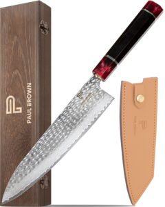 paul brown's™ 8 inch chef knife 9cr18comov 67 layers damascus steel resin handle chef knife with pine wood gift box and leather sheath