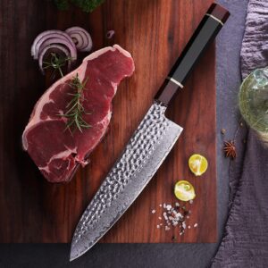 Paul Brown's™ 8 Inch Chef Knife 9Cr18COMOV 67 Layers Damascus Steel Resin Handle Chef Knife with Pine wood Gift box and Leather Sheath