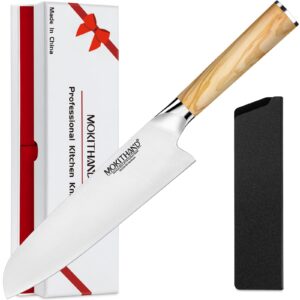 mokithand santoku knife 7 inch kitchen knife, super sharp japanese chef knife with sheath, german 1.4116 steel asian cooking knife for meat vegetable fruits, olive wood handle and gift box