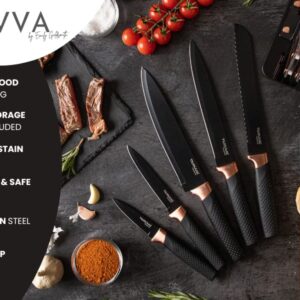 nuovva Kitchen Knife Block Set Copper 5 Piece Set with Knives Clear Acrylic Block Stainless Steel Blades