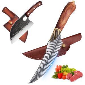 5.9" feather knife serbian chef knife set forged in fire boning meat cleaver knife high carbon steel kitchen cleaver with sheath for outdoor camping bbq collection christmas gift men