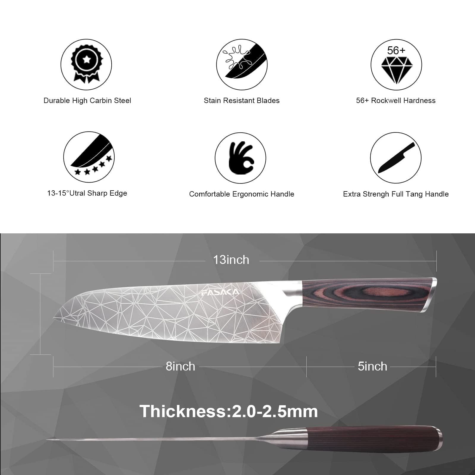 FASAKA 8 inch Santoku Knife, Japanese Chef Knife, Professional Knife for Kitchen, German High Carbon Stainless Steel Full Tang Handle Sharp Durable Kitchen Knife Ideal for Housewarming Gift