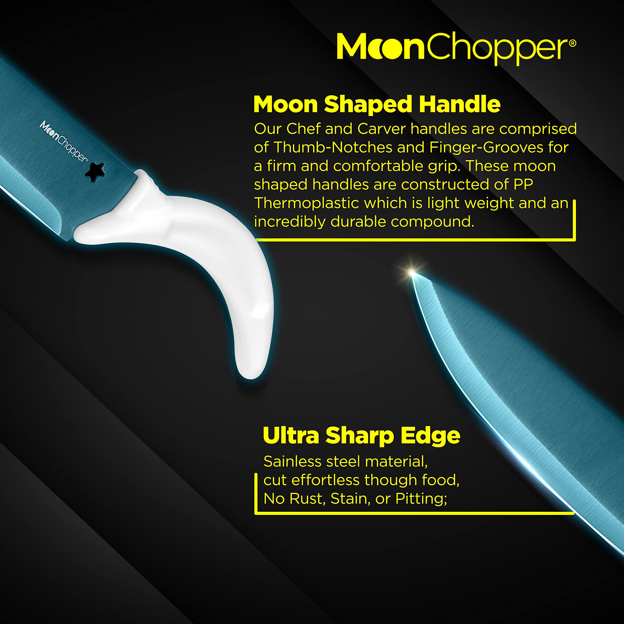 MoonChopper Stainless Steel Kitchen Knife Set of 2, Anti Slip Chef Knife and Carver with Moon Shaped Handle, 8 Inch Knife blade with Ergonomic Handle and Thumb Notches, Dishwasher Safe