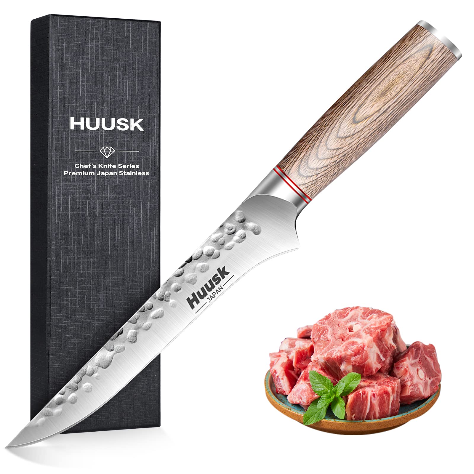 Huusk Japan Knife Professional Kitchen Knife Boning and Gyutou Knife Set for Meat Bones and Greens Cutting High Carbon Steel Sharp Chef knife with Ergonomic Pakkawood Handle and Gift Box for Family Re