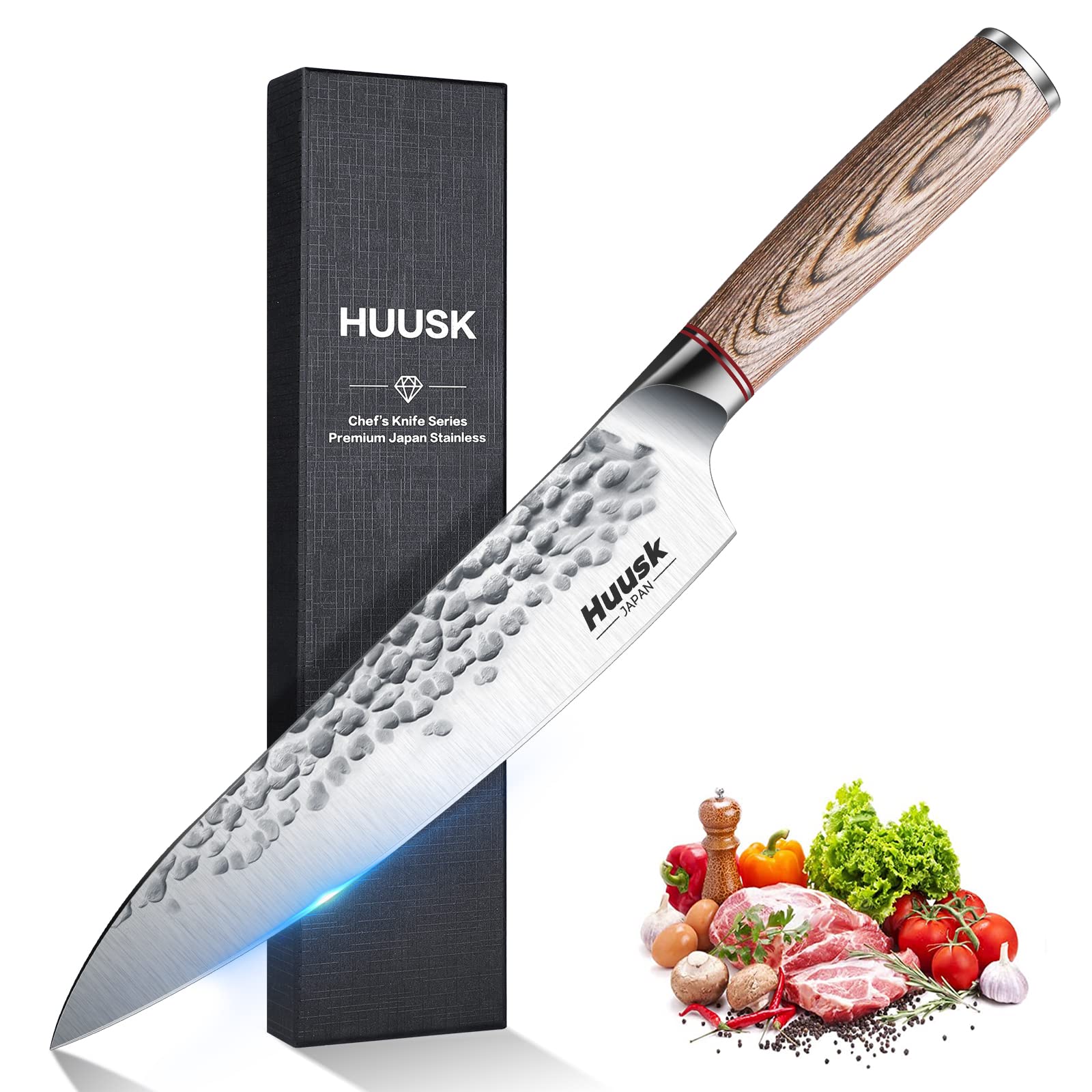 Huusk Japan Knife Professional Kitchen Knife Boning and Gyutou Knife Set for Meat Bones and Greens Cutting High Carbon Steel Sharp Chef knife with Ergonomic Pakkawood Handle and Gift Box for Family Re