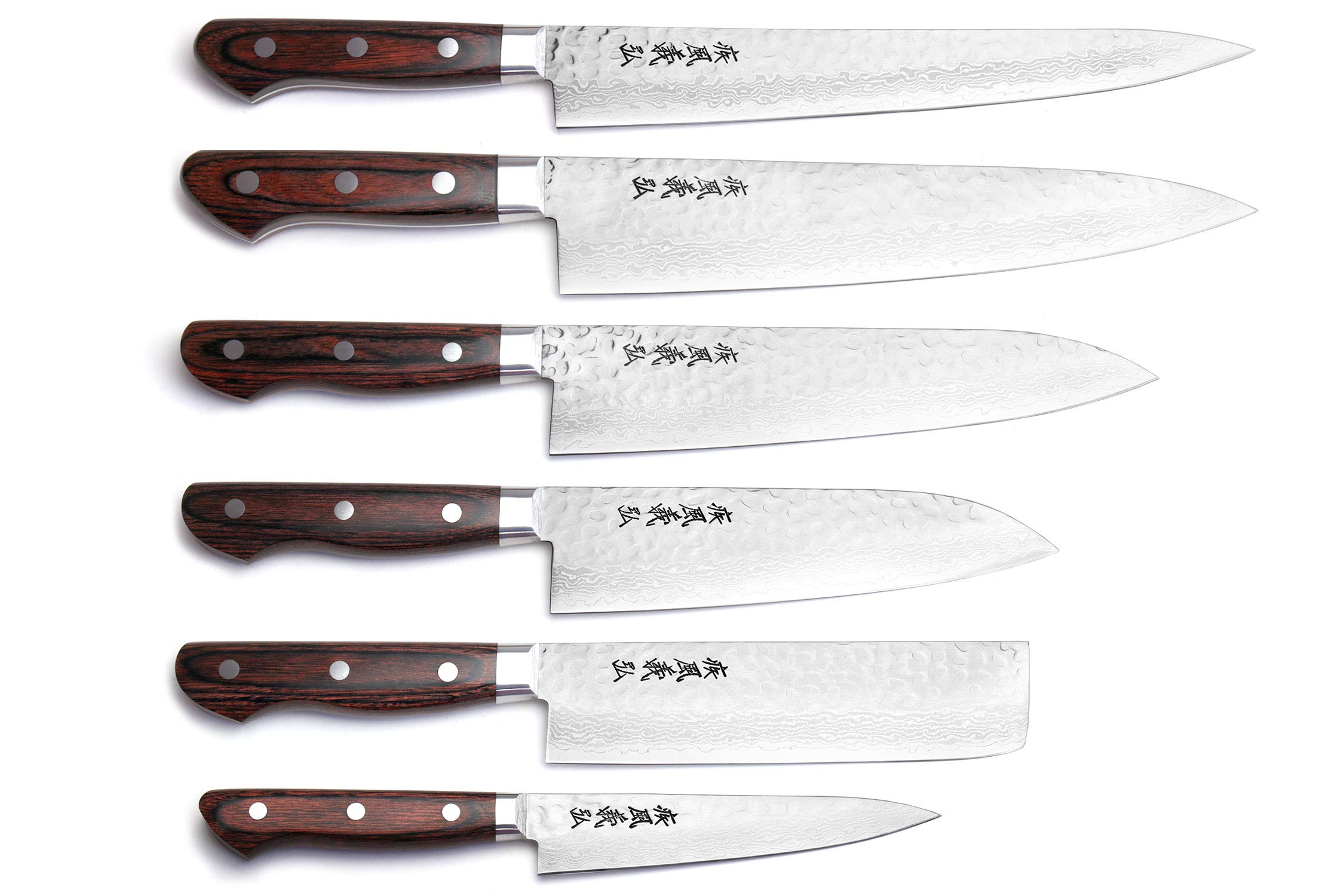 Yoshihiro VG-10 16 Layer Hammered Damascus Stainless Steel Chef Knife 6pc Set - MADE IN JAPAN