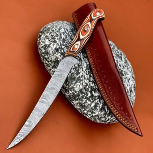 Damascus Boning Knife Fillet Knife 13" Handmade Thin Sharp Progessional Chef Kitchen Knives with Leather Sheath Wood Handle vk5524