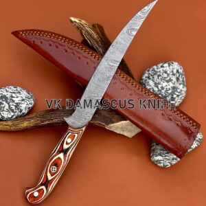 Damascus Boning Knife Fillet Knife 13" Handmade Thin Sharp Progessional Chef Kitchen Knives with Leather Sheath Wood Handle vk5524