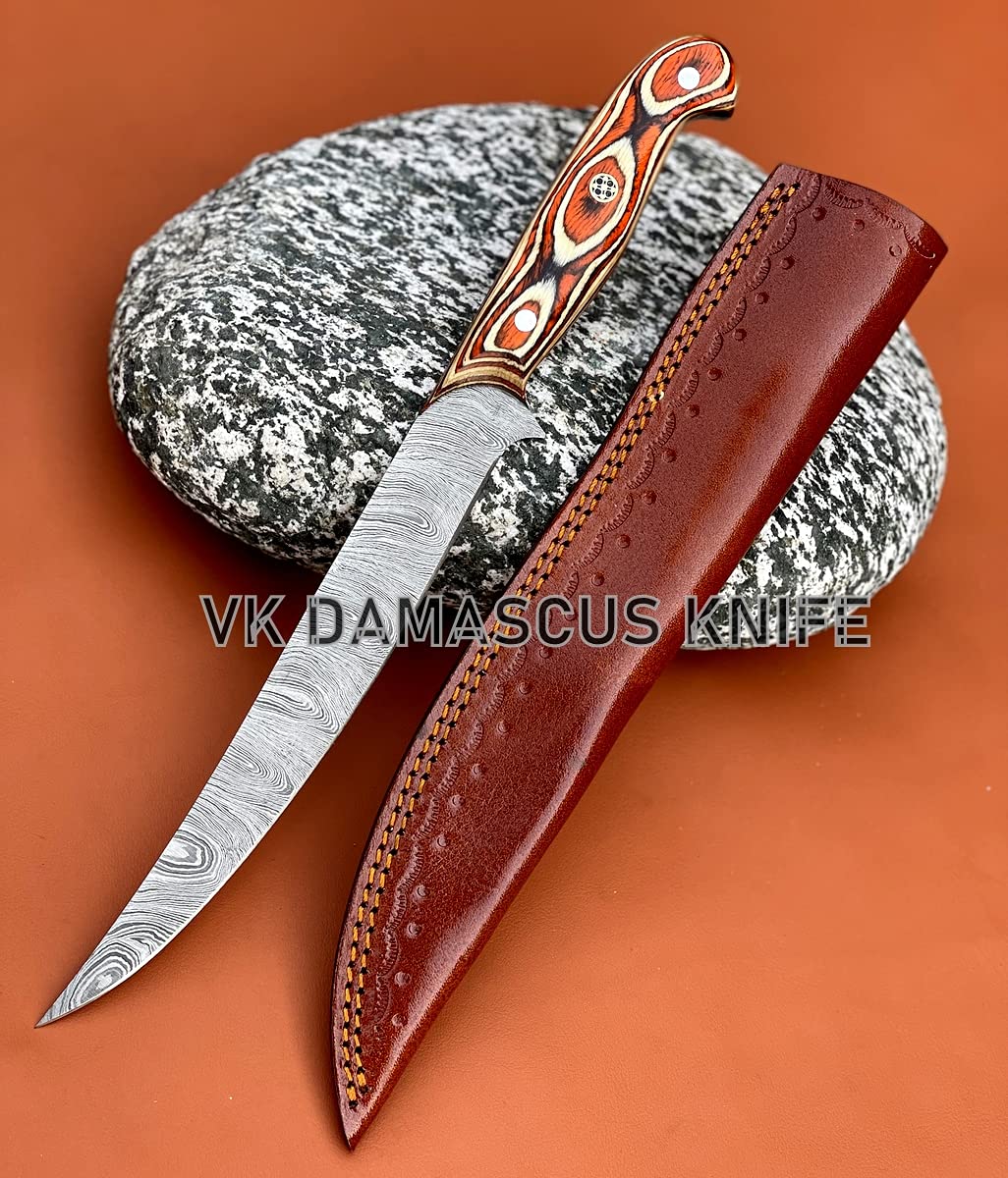 Damascus Boning Knife Fillet Knife 13" Handmade Thin Sharp Progessional Chef Kitchen Knives with Leather Sheath Wood Handle vk5524