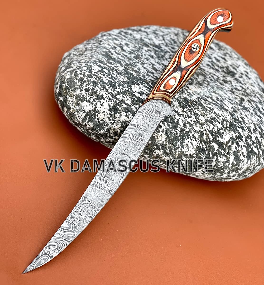 Damascus Boning Knife Fillet Knife 13" Handmade Thin Sharp Progessional Chef Kitchen Knives with Leather Sheath Wood Handle vk5524