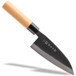 seki sanbonsugi japanese utility chef kitchen knife, kurouchi carbon tool steel deba knife, shiraki wooden handle, 150 mm (5.9 in), made in seki japan