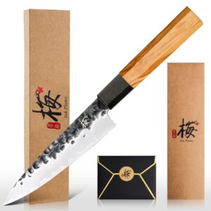 ink plums 5.7 inch paring knife for kitchen,utility knife,sharp high carbon stainless steel fruit knife with olivewood handle,handcrafted peeling knife, fruit knife