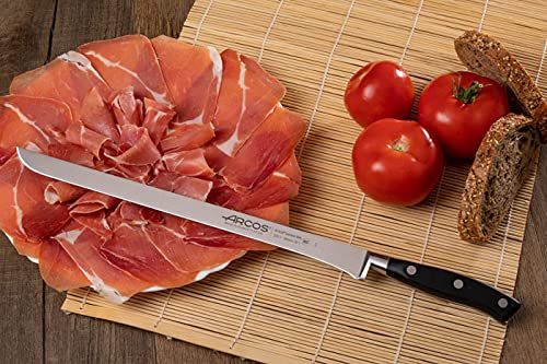 ARCOS Slicing Knife / Ham Knife 12 Inch Nitrum Stainless Steel and 300 mm blade. Ergonomic Polyoxymethylene POM Handle.Series Riviera. Elegant design, along with the comfort of its handle. Color Black