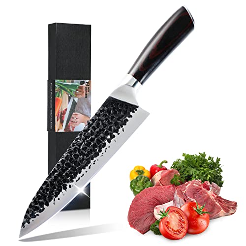 8 Inch Kitchen Knife,Professional Sharp Chef Knife,German High Carbon Steel ,Hand Forged Hammered Chopping Kinfe with Ergonomic Handle,All-Around Cooking Knife in Gift Box