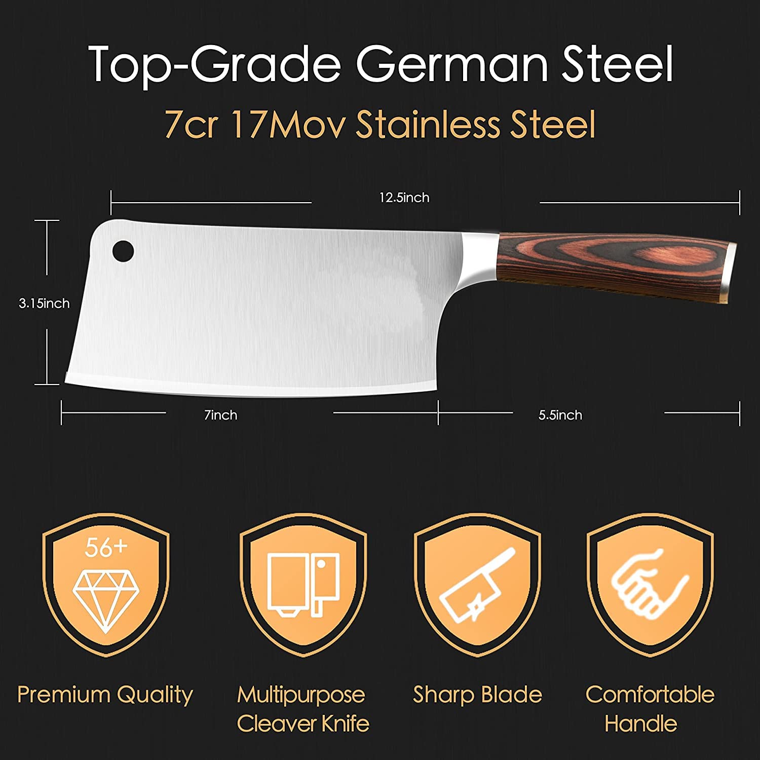 Lilymeche Concept Meat Cleaver Knife(7 Inch-7CR17MOV) Stainless Steel Professional Butcher Knife, Ergonomic Pakkawood Handle Heavy Duty Blade with 7" Knife Sharpener