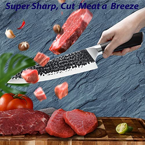 8 Inch Kitchen Knife,Professional Sharp Chef Knife,German High Carbon Steel ,Hand Forged Hammered Chopping Kinfe with Ergonomic Handle,All-Around Cooking Knife in Gift Box