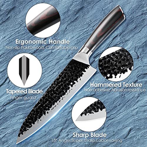 8 Inch Kitchen Knife,Professional Sharp Chef Knife,German High Carbon Steel ,Hand Forged Hammered Chopping Kinfe with Ergonomic Handle,All-Around Cooking Knife in Gift Box